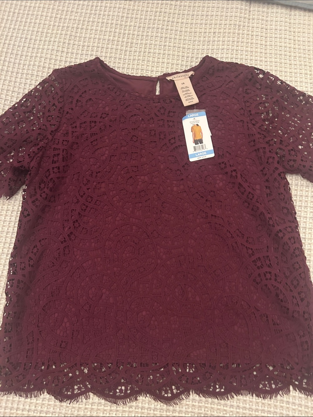 Philosophy Burgundy Battenberg  Lace Short Sleeve Top